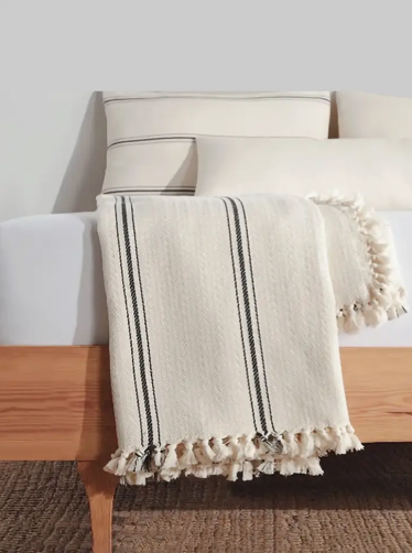 100% Cotton Throw Blanket - Cream with Black Stripes
